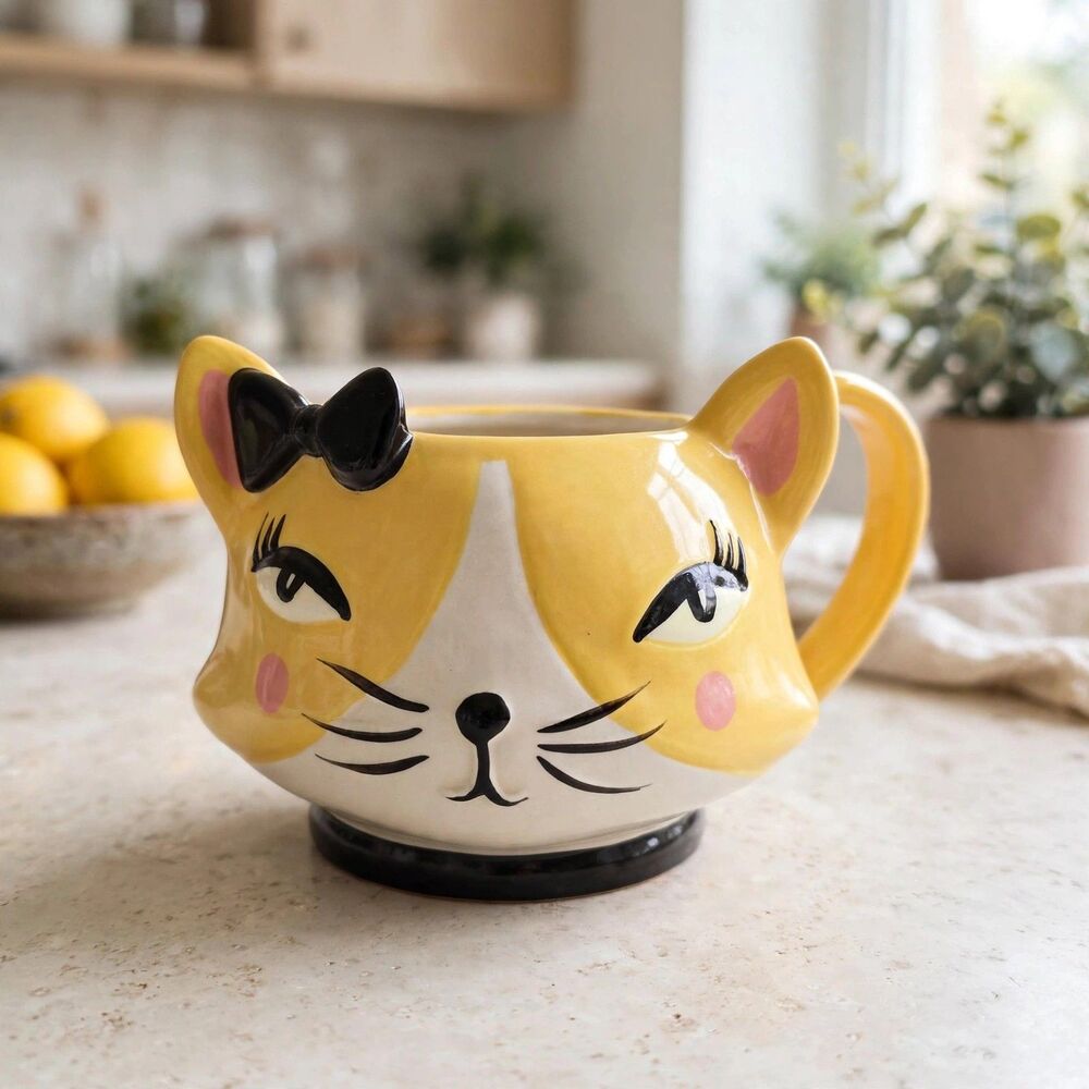 Home Essentials Yellow Cat Face Mug Black Bow Figural Ceramic Cup Retro Cafe